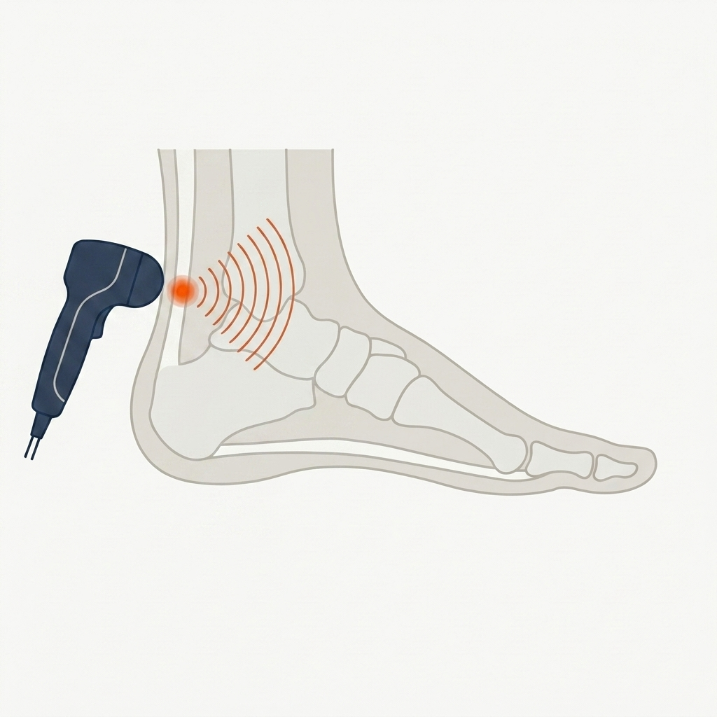 Shockwave therapy targeting the mid-portion of the Achilles tendon, a few centimeters above the heel