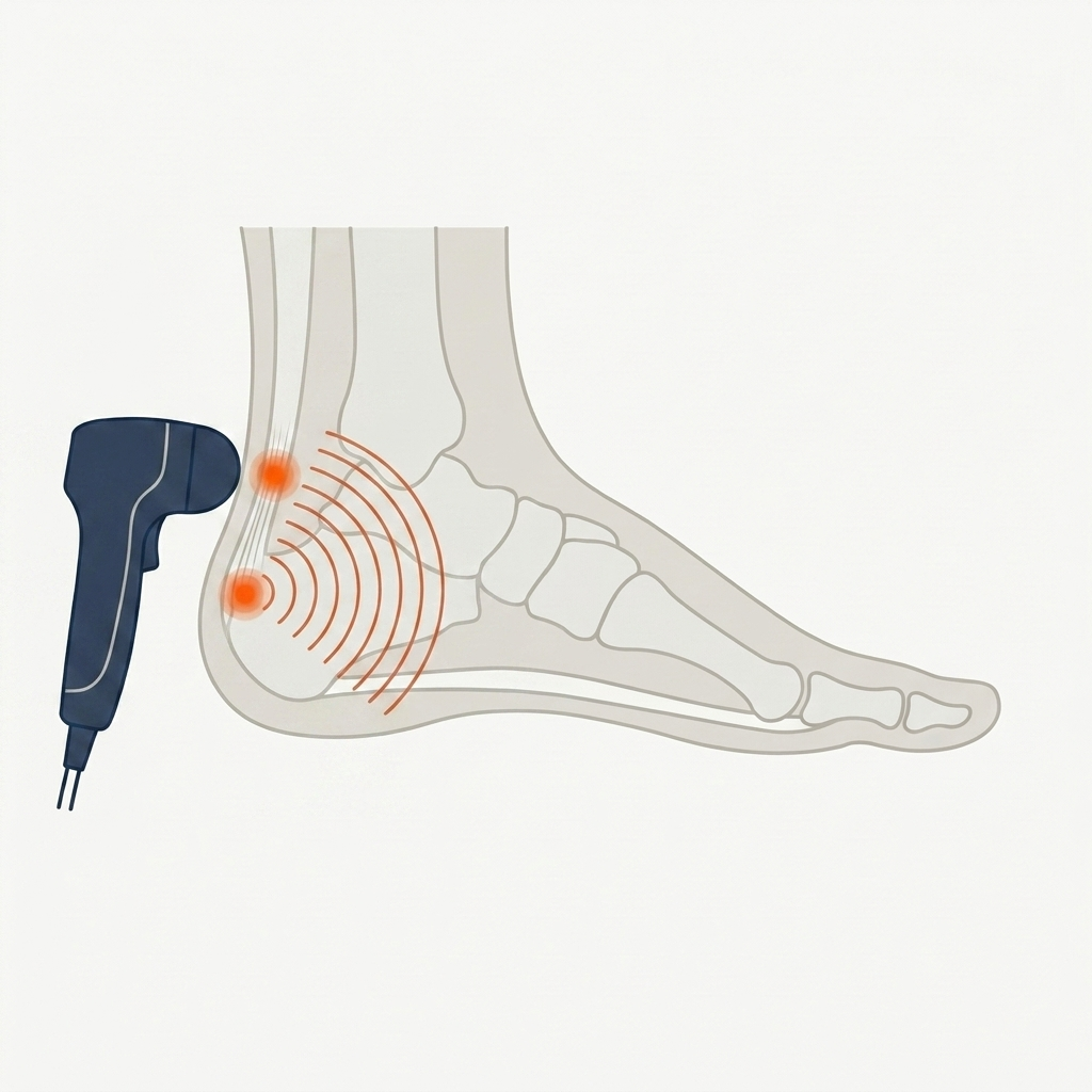 Shockwave therapy targeting the insertional Achilles where the tendon attaches to the heel bone