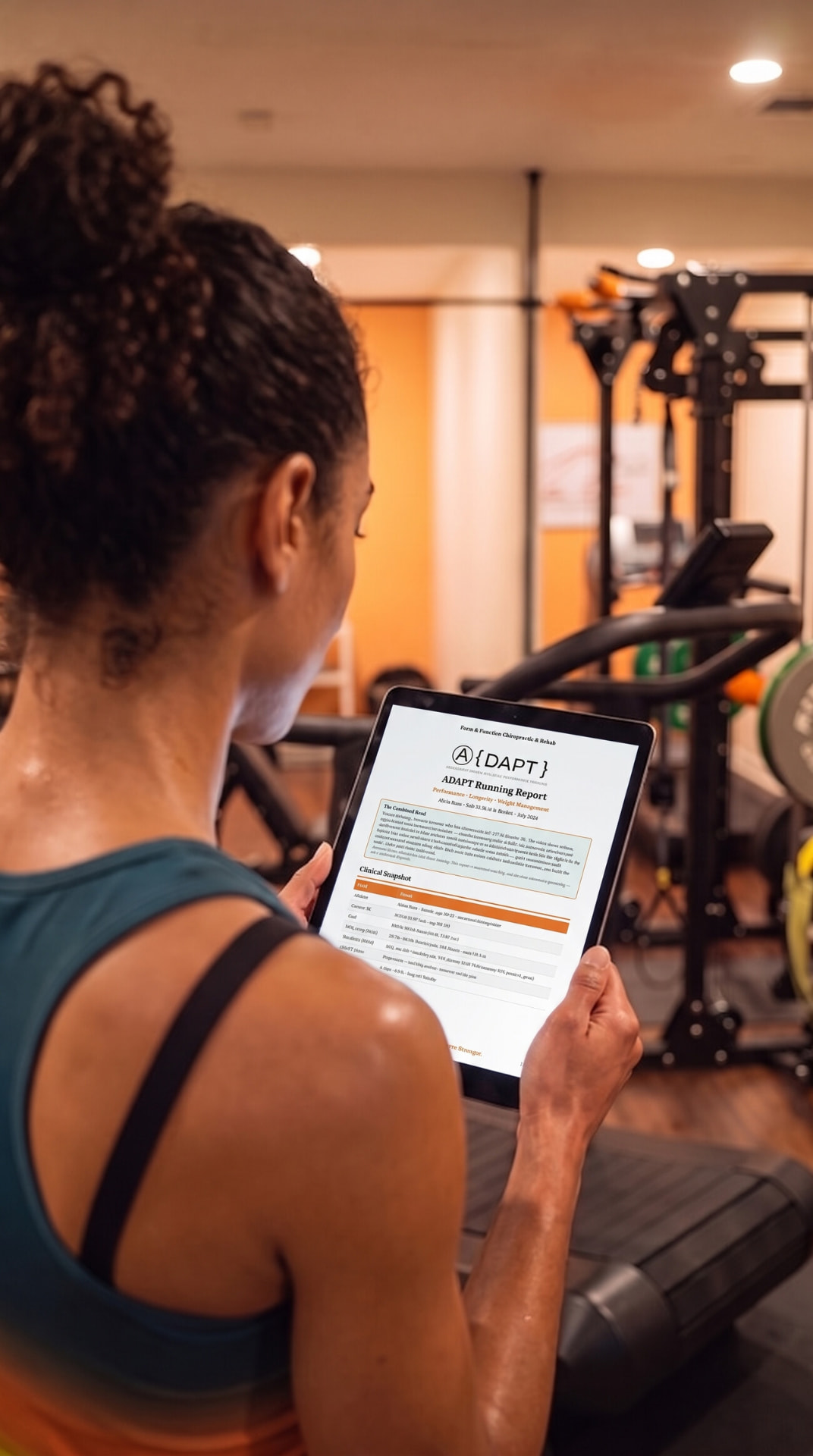 Athlete reviewing the ADAPT Running Report on an iPad in the clinic