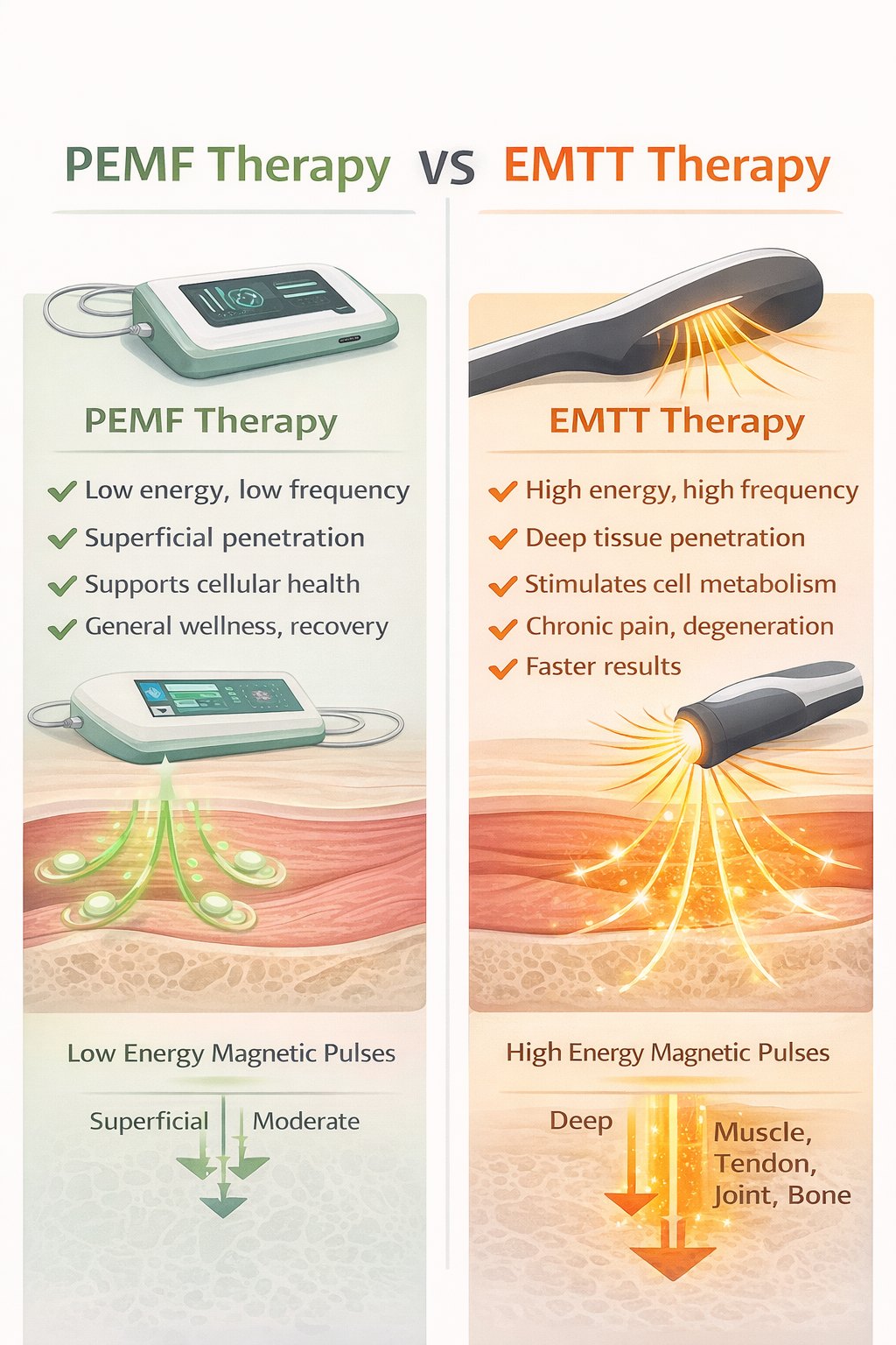 PEMF vs EMTT therapy comparison showing low energy PEMF and high energy EMTT with deep tissue penetration